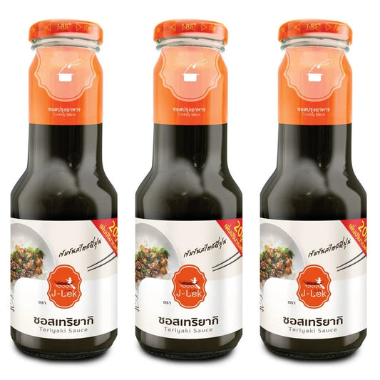J-LEK Teriyaki Sauce in 380g glass bottles, pack of 3, featuring dark soy sauce and sweet glaze in clear bottles