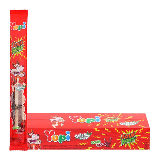 YUPI Sour Bonz Sour Cola candies in 10g packs, colorful sour cola flavor gummies arranged in a display.