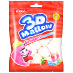 Erko Mallow 3D strawberry-flavored jam-filled confectionery snack with a pink and white marshmallow coating and strawberry filling