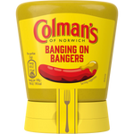Colman's English squeezable mustard bottle with bright yellow label and white cap, ready for condiments or cooking.