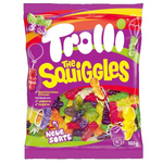 Colorful Trolli Squiggles confectionery snacks in bright, twisted gummy shapes with fruity flavors and vibrant rainbow colors.