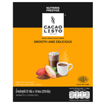 Nutriris Listo ready-mixed cacao drink in a glass bottle, showcasing a rich, chocolatey beverage with a smooth texture.