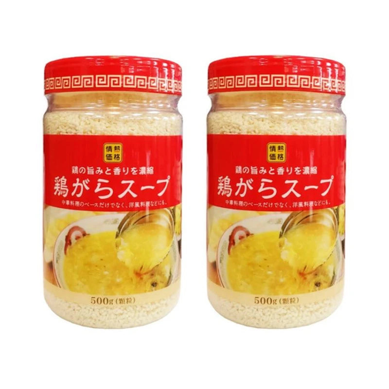 JONETSU KAKAKU chicken soup stock granules in two 500g cans, including chicken bouillon, pork extract, and vegetable powder