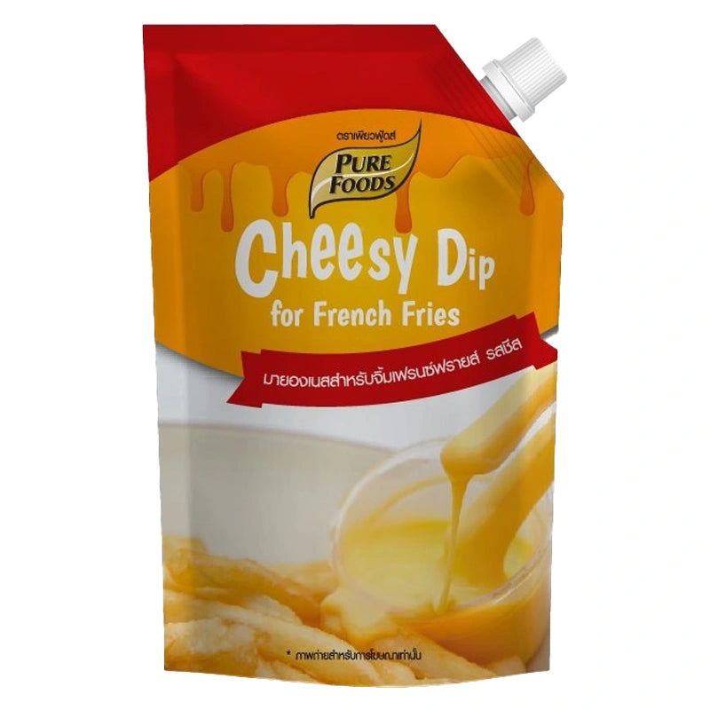 Creamy PURE FOODS Cheesy Dip in a 1 kg container, featuring a smooth, cheesy texture perfect for snacks and party platters.