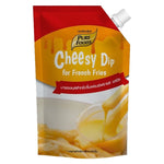 Pure Foods Cheesy Dip 1kg in a plastic jar, creamy yellow cheese flavor, ideal for snacks and party dips.