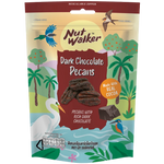Nut Walker Dark Chocolate Pecans, confectionery snack with glossy dark chocolate coating on crunchy pecans.