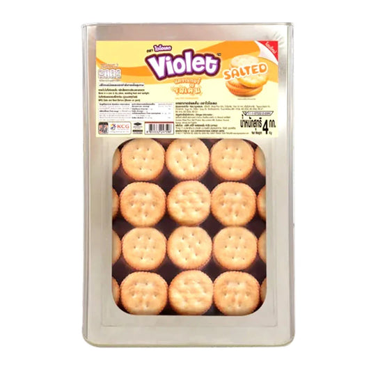 VIOLET Salted Cracker in a 4 kg package, showing golden, crispy crackers with salted surface on a white background.