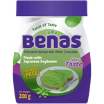 Benas Edamame Spread with Chocolate in a jar, showcasing the creamy green and chocolate mixture ready for spreading or tasting.