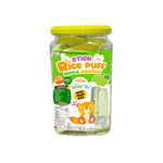 Begin Baby Rice Puffs snack in a clear bowl, showing small, light, crunchy rice puff cereal for babies and young children.