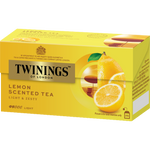 Twinings lemon scented tea drink in a clear glass mug, showcasing bright yellow tea with lemon slices and fresh lemon wedge.