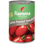 Cans of Fiamma Vesuviana organic peeled tomatoes in organic tomato juice, stacked in a grocery store display.