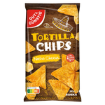 Edeka Tortilla Chips Nacho Cheese flavor, crunchy snack with golden tortilla chips coated in cheesy nacho seasoning.