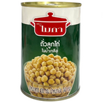 Cans of Mica Garbanzo Beans in brine, packed in a grocery store, showing the label and product inside the can.