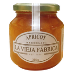 Jar of La Vieja Fabrica Apricot Jam with orange apricots and spreadable texture, ideal for breakfast or baking.