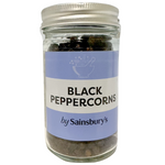 Sainsbury's black peppercorns in a clear jar, showing small round dark spice used for seasoning in cooking.