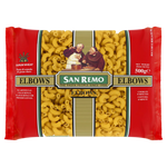 San Remo Elbows Macaroni in a clear bowl, showing short, curved pasta pieces ready for cooking.