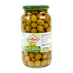 Crespo green olives in brine jar, 907g, dry grocery product with fresh green olives visible inside the glass jar.