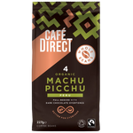 Cafedirect Machu Picchu ground coffee in a bag, ready for brewing, with a label featuring mountains and coffee beans.