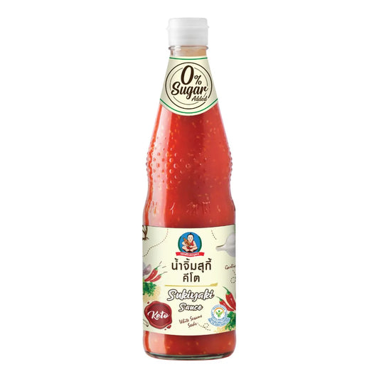 DEKSOMBOON Keto Sukiyaki Sauce 810g bottle, close-up of the dark soy-based sauce in a glass jar with label visible