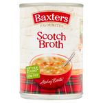 Baxters Scotch Broth in a bowl with vegetables and meat, showcasing traditional Scottish grocery soup.