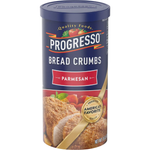 Progresso Parmesan bread crumbs in a clear container, ready for cooking or baking, showcasing the seasoned breadcrumb mix.