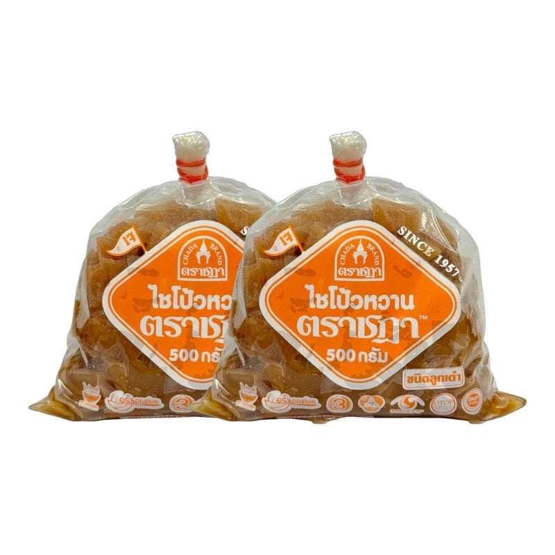 Chada Sweet Preserved Radish Diced in 2 bags, 500g each, no MSG or artificial color, shown in the image.