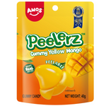 Peelerz Yellow Mango Gummy Candy, bright yellow confectionery snack with mango flavor, in clear packaging on a white background.