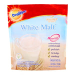 Ovaltine White Malt Powder drink mix in a glass, showing the creamy white beverage with a spoon and a jar of Ovaltine malt powder.
