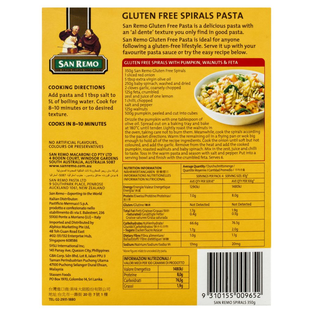 San Remo Spirals Pasta Gluten Free
