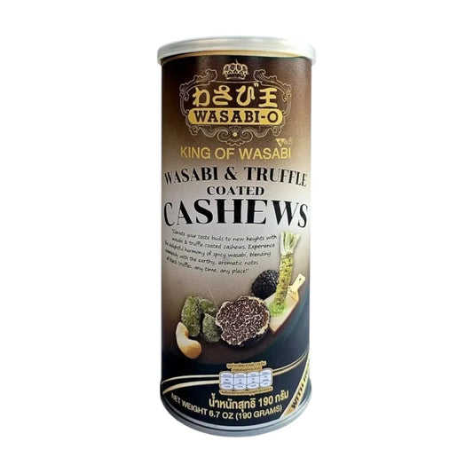 Wasabi-o wasabi and seaweed coated cashews with a truffle flavor in a clear bowl, showcasing the snack's crunchy texture and vibrant coating.