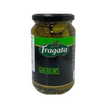 Fragata whole gherkins in brine jar, 345g, showing fresh, crunchy gherkins packed in brine in a clear glass jar.
