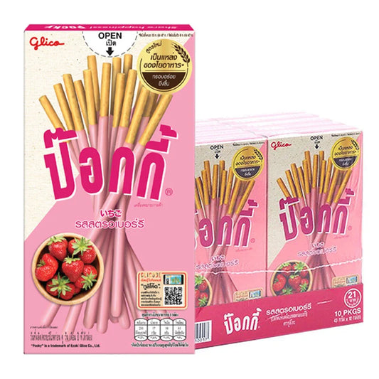 Pocky Strawberry biscuits in 43g packs, stacked with chocolate-covered biscuit sticks and strawberry-flavored coating.