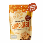 Krackles Cheddar Cheese Flavored Tempeh Chips, crunchy confectionery snack with cheese flavor, shown in a close-up image.