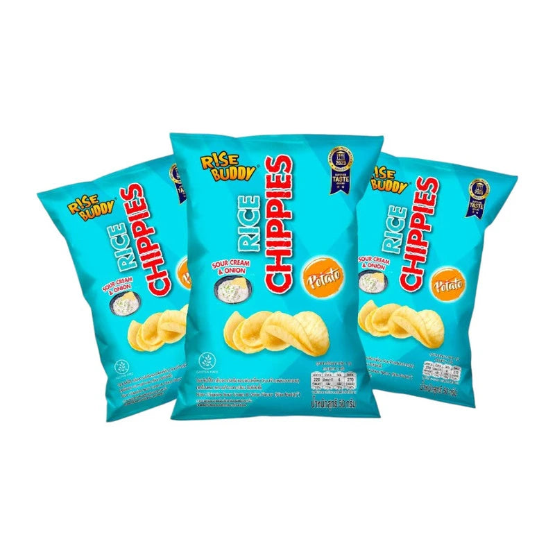 RISE BUDDY Rice Chips Sour Cream and Onion flavor in three bags, showing crispy rice chip snack with sour cream and onion seasoning.