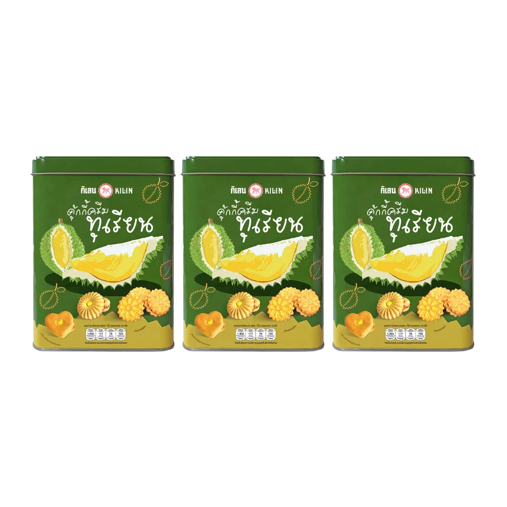 KILIN Durian Cream Biscuits in a 400g tin, showcasing golden cookies with durian filling, arranged in a decorative tin.