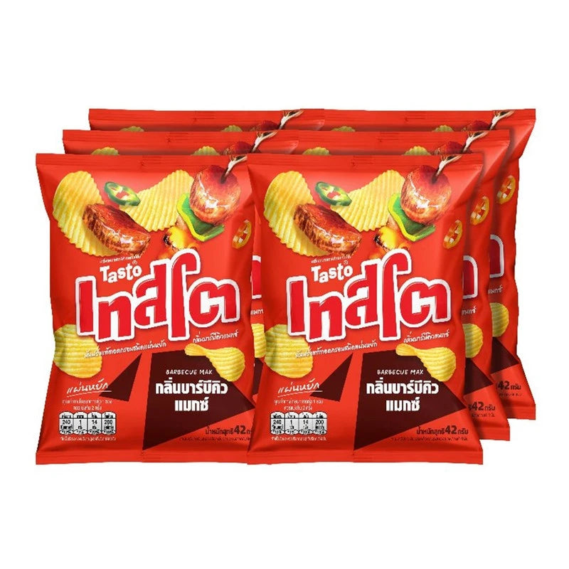 Crispy TASTO BBQ Potato Chips in a 42g bag, showing golden, seasoned chips with barbecue flavor and TASTO branding.