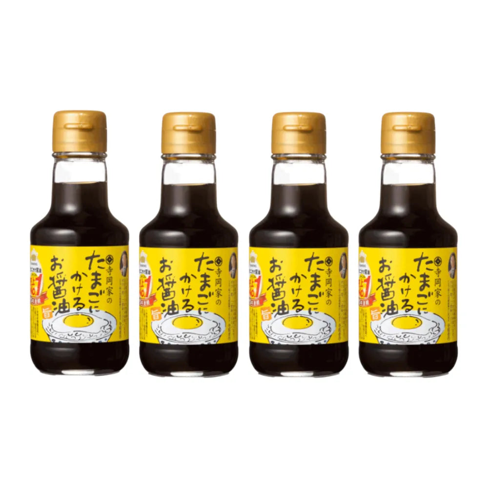 TerAoka soy sauce for egg tamago, bottle label showing bonito, kelp, oyster, and shiitake extracts, 4 bottles of 150ml each