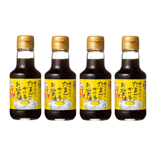 TerAoka soy sauce for egg tamago, bottle label showing bonito, kelp, oyster, and shiitake extracts, 4 bottles of 150ml each