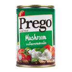 Canned Prego Spaghetti Mushroom sauce in a jar, ready for cooking, with label featuring a bowl of pasta with mushroom sauce.