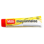 Mills Mayonnaise tube, grocery product, showing the white plastic squeeze bottle with Mills branding and mayonnaise inside.