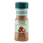 Ground McGarrett Nutmeg in a clear jar, showing the finely ground spice with a rich brown color.