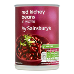 Cans of Sainsbury's Red Kidney Beans in Water, grocery food product with white labels and red beans visible through the can.