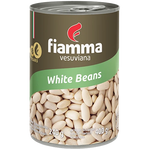 Cans of Fiamma Vesuviana White Beans, grocery product with white beans in white cans, labeled with Fiamma Vesuviana brand.