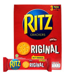 RITZ Ritz Crackers 300g box showing golden, round snack crackers stacked in a clear plastic bag.