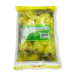 Smart Chef chopped pickle mustard green in 1kg pack, dry grocery product with chopped green mustard pickles in a clear container