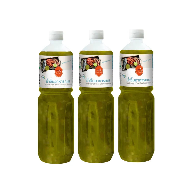 J-LEK seafood dipping sauce in a 1100g plastic bottle, shown in a pack of three, with sauce poured into a bowl.