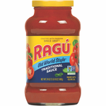 Jar of Ragu Traditional Pasta Sauce with label visible, placed on a grocery store shelf.