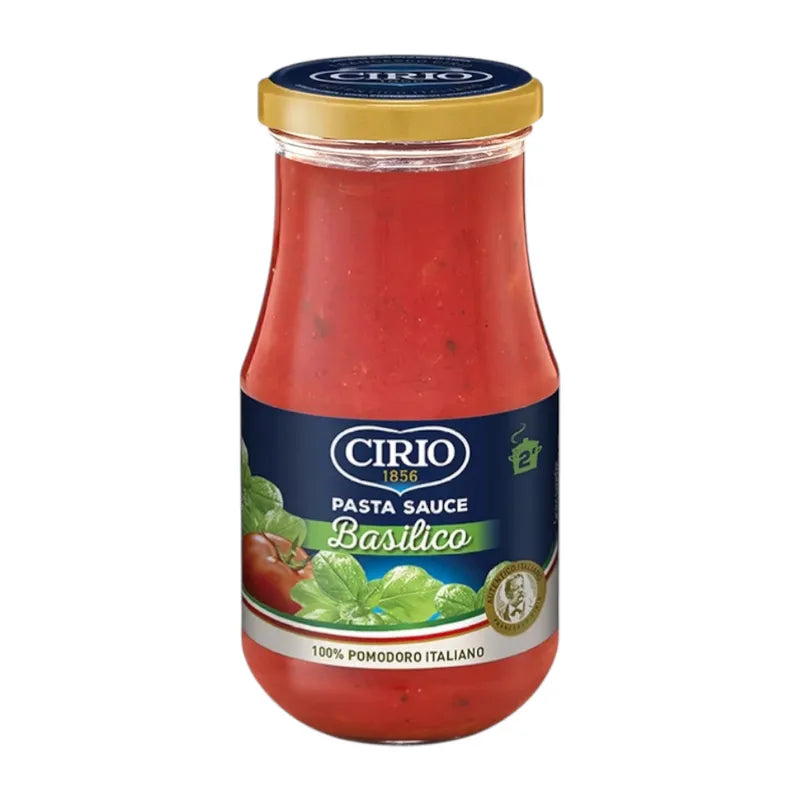 Cirio Basil Pasta Sauce in 420g jar, featuring fresh basil and rich tomato sauce, ideal for pasta dishes.