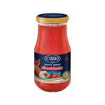 Jar of Cirio Arrabbiata Sauce with red chili peppers and tomato base, ready for pasta or cooking.