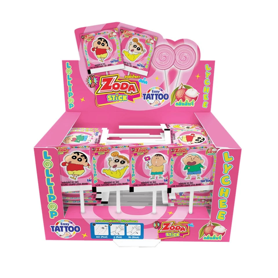 ZODA Lollipop Stick with Crayon Shin Chan Lychee Flavor Easy Tattoo pack of 50 sticks, featuring colorful cartoon character design